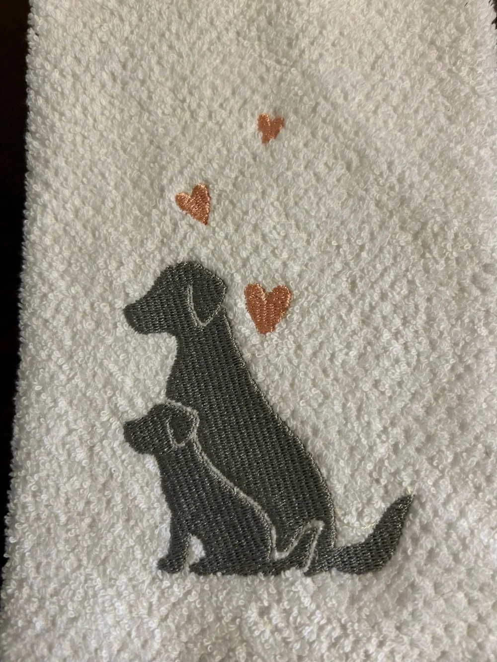 White Hand Towel with Gray Dog and Peach Hearts